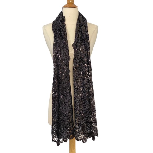 Joan Rivers Sequin Lace Scarf Wrap Black Silver Gray Sparkle Evening 20 x 72 - Picture 3 of 7